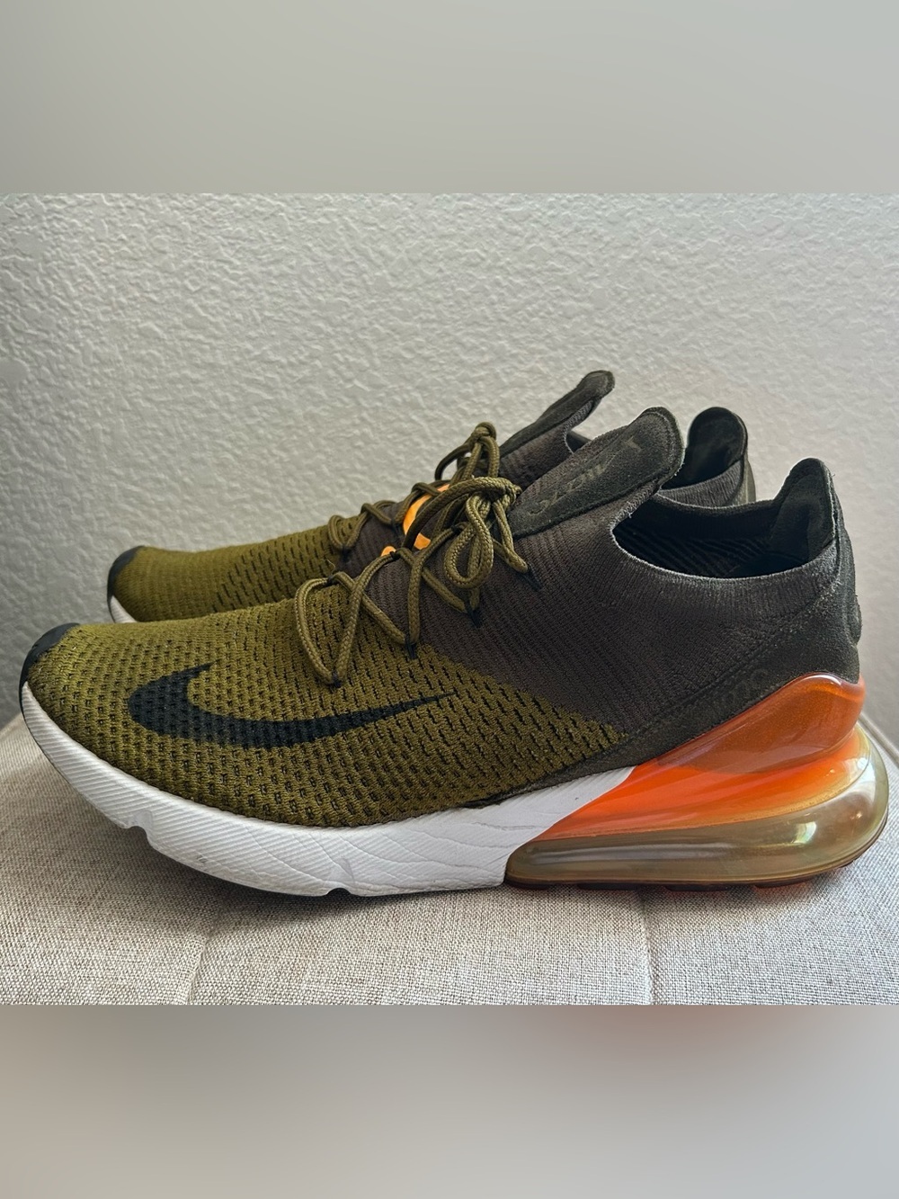 Nike Air max 270 Olive Green Trainers with Black Swoosh and Orange Accents